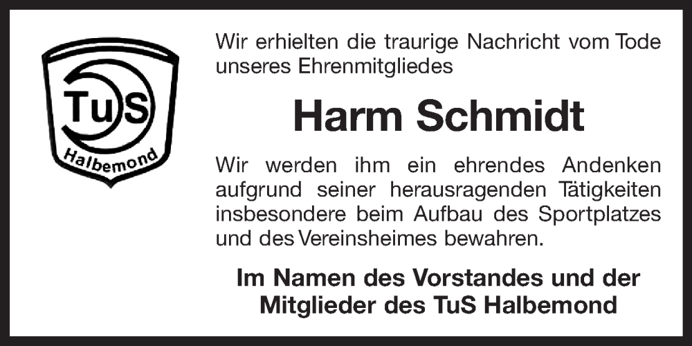  Traueranzeige für Harm Schmidt vom 13.01.2023 aus 