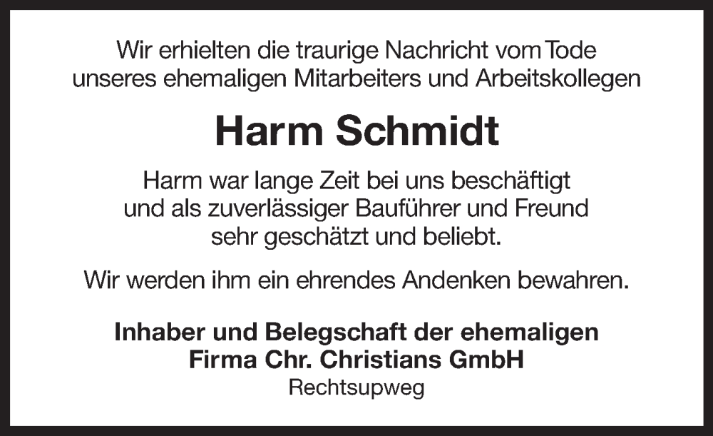  Traueranzeige für Harm Schmidt vom 12.01.2023 aus 
