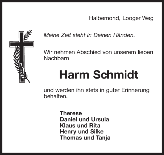Traueranzeige von Harm Schmidt 