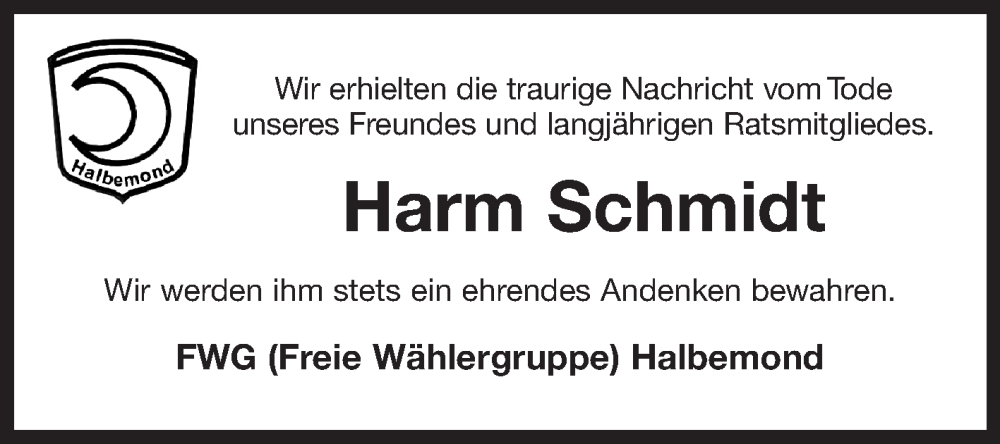  Traueranzeige für Harm Schmidt vom 12.01.2023 aus 