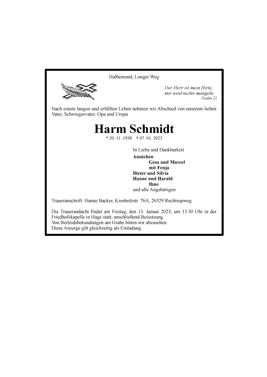 Traueranzeige von Harm Schmidt 