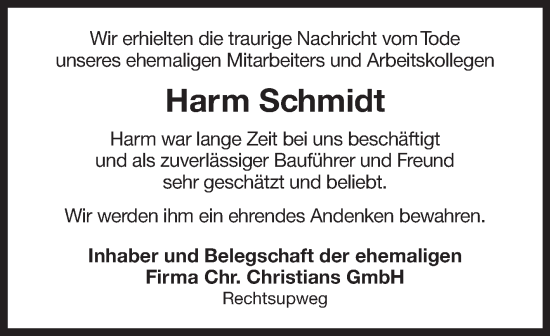 Traueranzeige von Harm Schmidt 