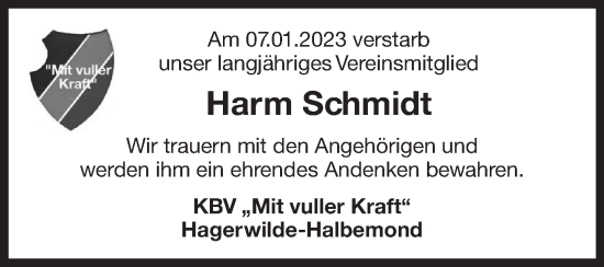 Traueranzeige von Harm Schmidt 
