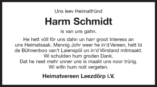 Traueranzeige von Harm Schmidt 