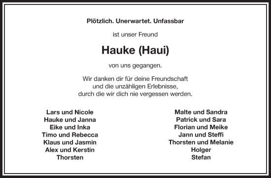 Traueranzeige von Hauke  