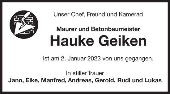 Traueranzeige von Hauke Geiken 