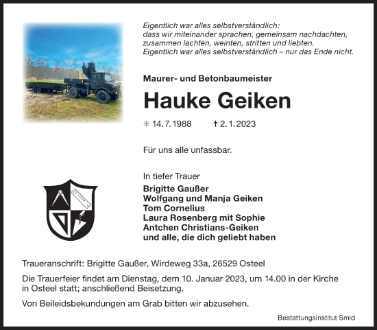 Traueranzeige von Hauke Geiken 