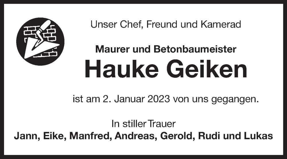  Traueranzeige für Hauke Geiken vom 07.01.2023 aus 