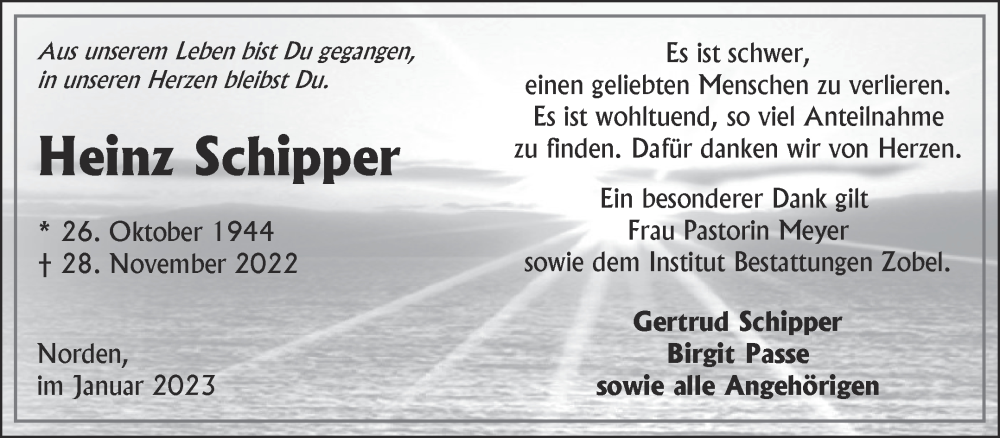  Traueranzeige für Heinz Schipper vom 14.01.2023 aus 