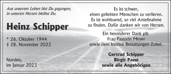 Traueranzeige von Heinz Schipper 