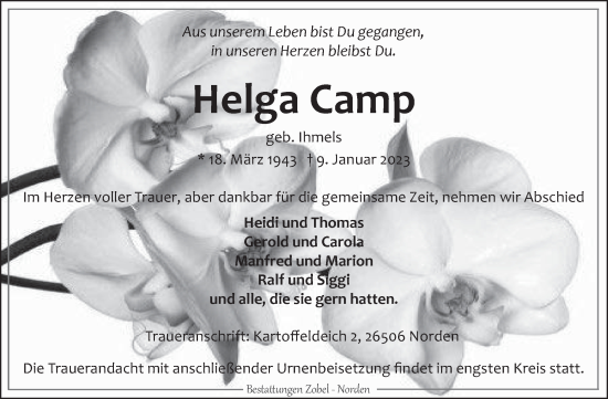 Traueranzeige von Helga Camp 