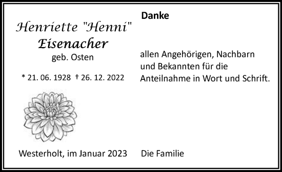 Traueranzeige von Henriette Eisenacher 