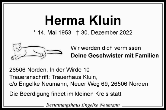Traueranzeige von Herma Kluin 