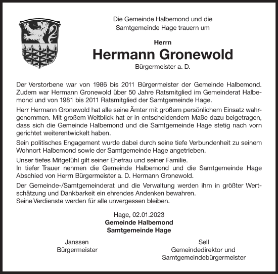 Traueranzeige von Hermann Gronewold 