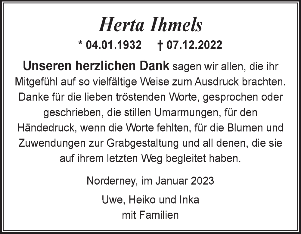  Traueranzeige für Herta Ihmels vom 13.01.2023 aus 