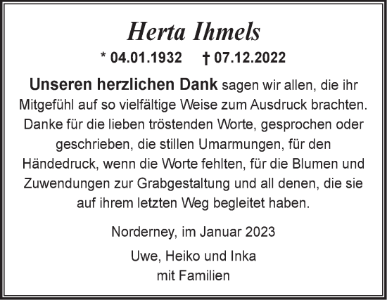Traueranzeige von Herta Ihmels 