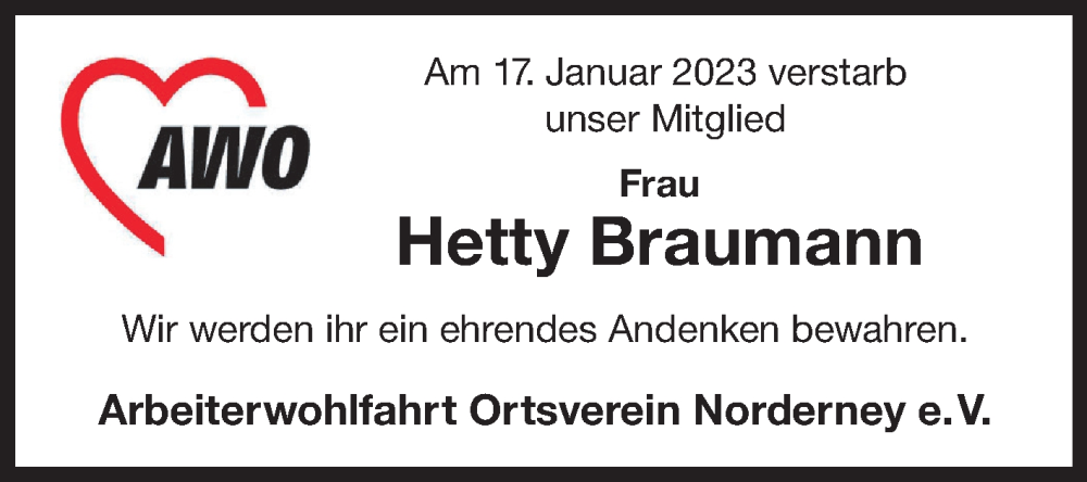 Traueranzeige für Hetty Braumann vom 24.01.2023 aus 