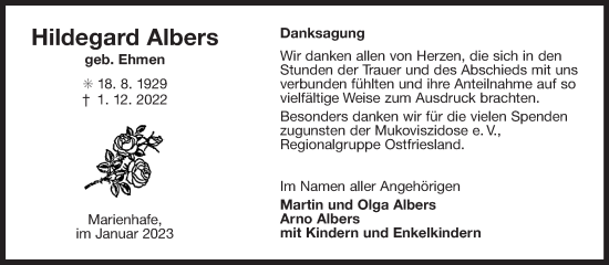 Traueranzeige von Hildegard Albers 