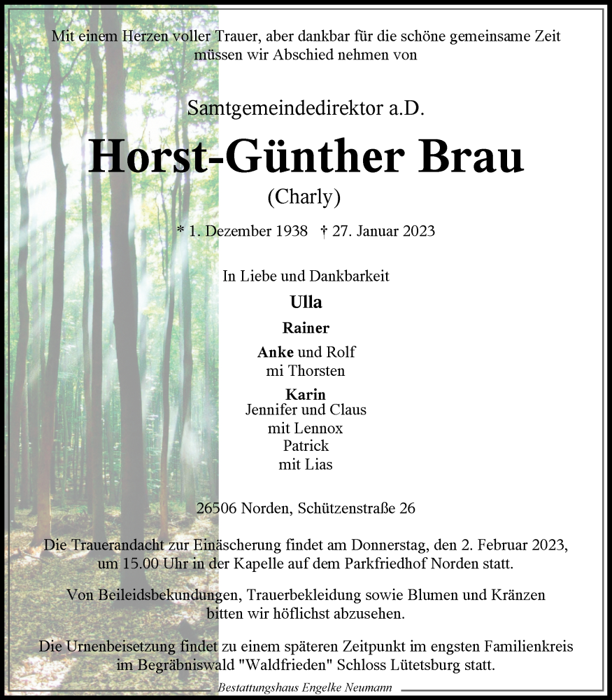 Traueranzeige für Horst-Günther Brau vom 30.01.2023 aus 