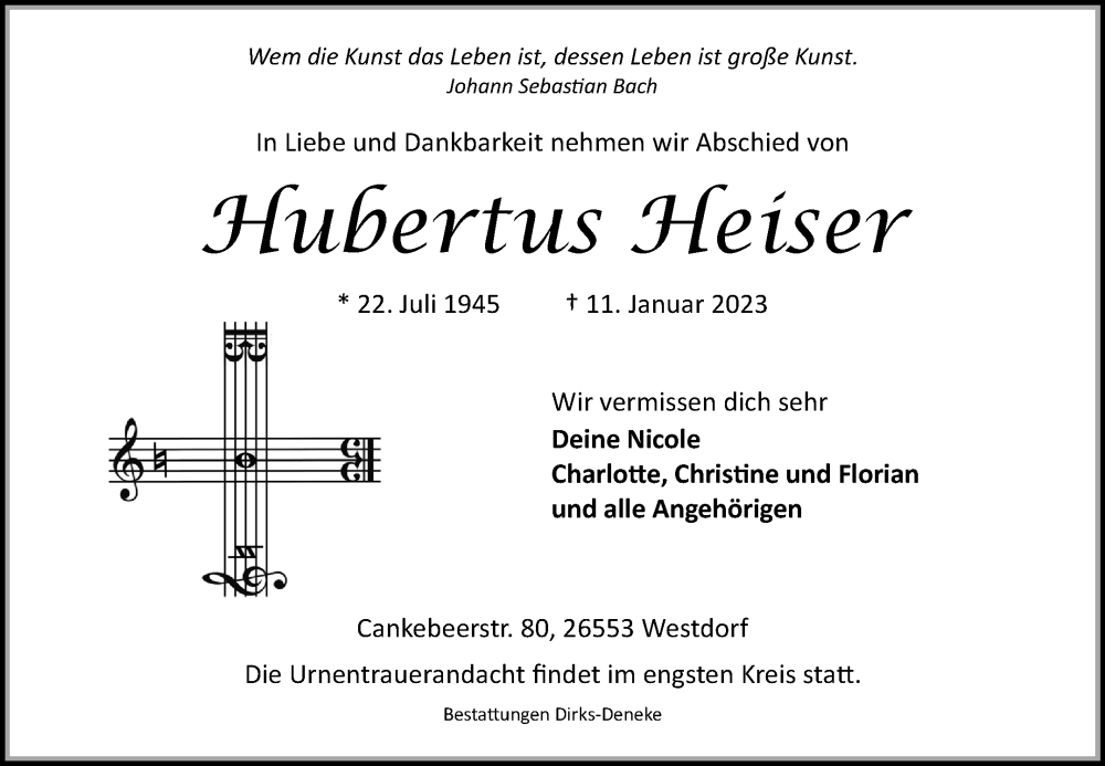  Traueranzeige für Hubertus Heiser vom 14.01.2023 aus 