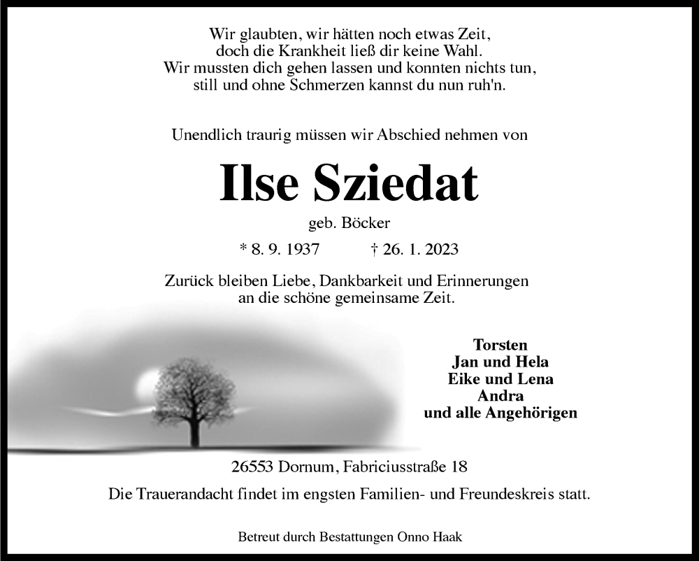  Traueranzeige für Ilse Sziedat vom 28.01.2023 aus 