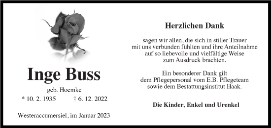 Traueranzeige von Inge Buss 
