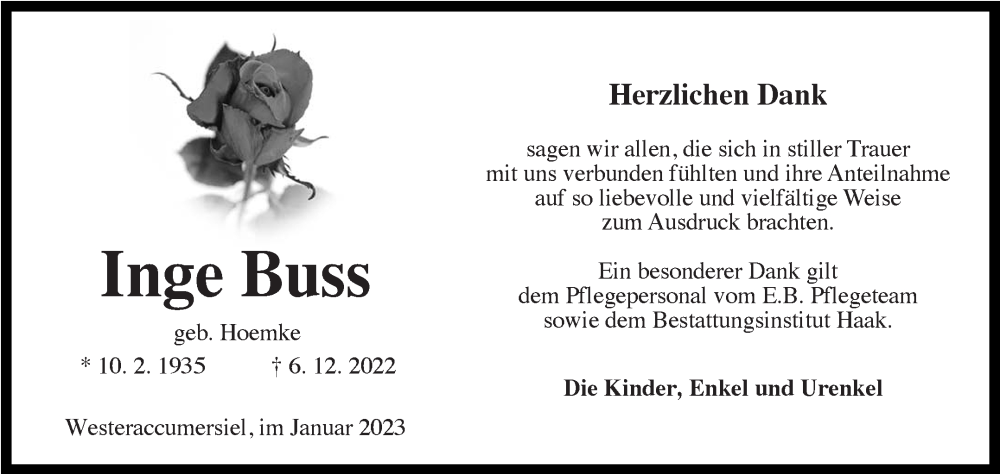  Traueranzeige für Inge Buss vom 07.01.2023 aus 
