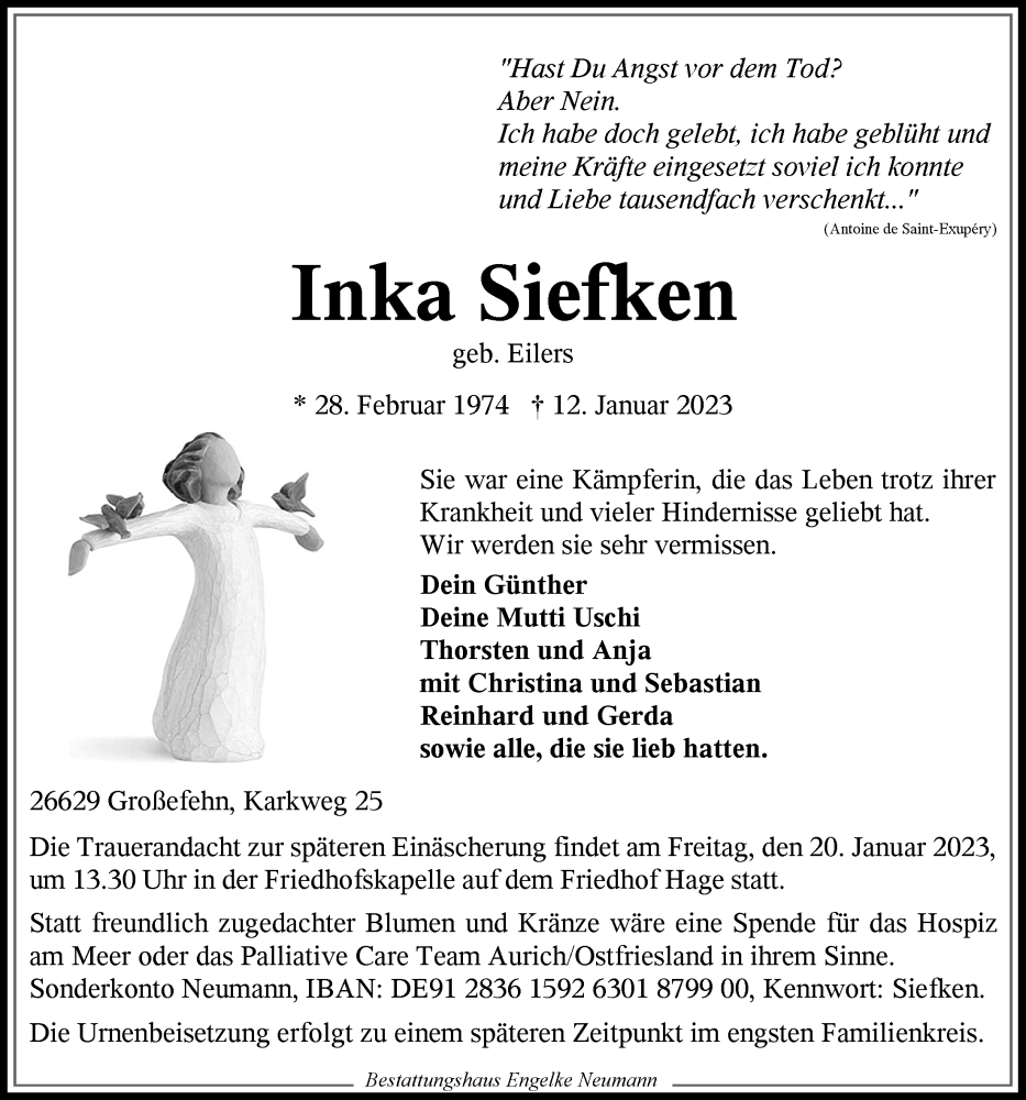  Traueranzeige für Inka Siefken vom 16.01.2023 aus 