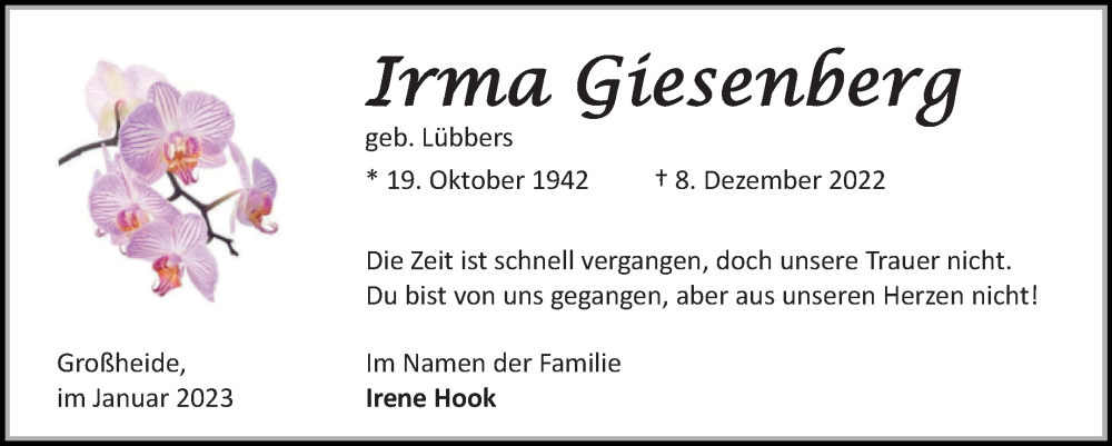  Traueranzeige für Irma Giesenberg vom 14.01.2023 aus 