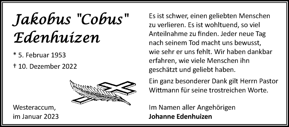  Traueranzeige für Jakobus Edenhuizen vom 21.01.2023 aus 