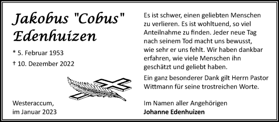 Traueranzeige von Jakobus Edenhuizen 