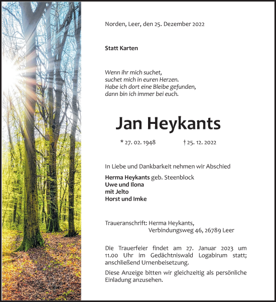 Traueranzeige von Jan Heykants 