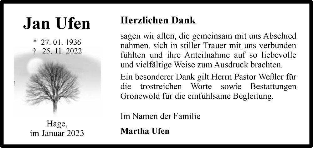  Traueranzeige für Jan Ufen vom 07.01.2023 aus 