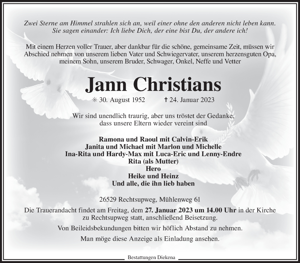  Traueranzeige für Jann Christians vom 26.01.2023 aus 