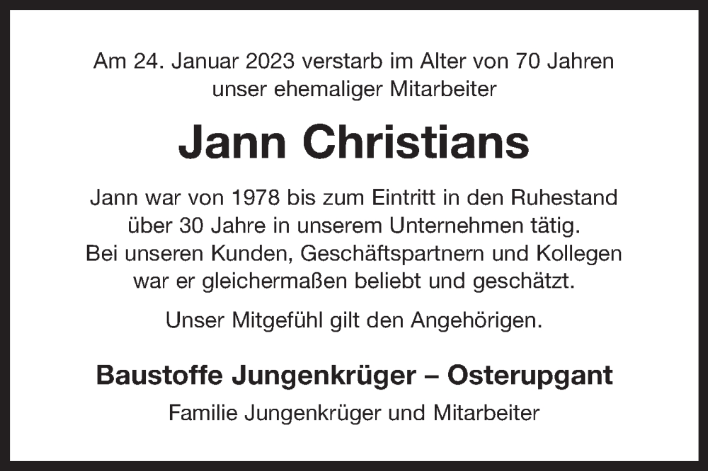  Traueranzeige für Jann Christians vom 27.01.2023 aus 