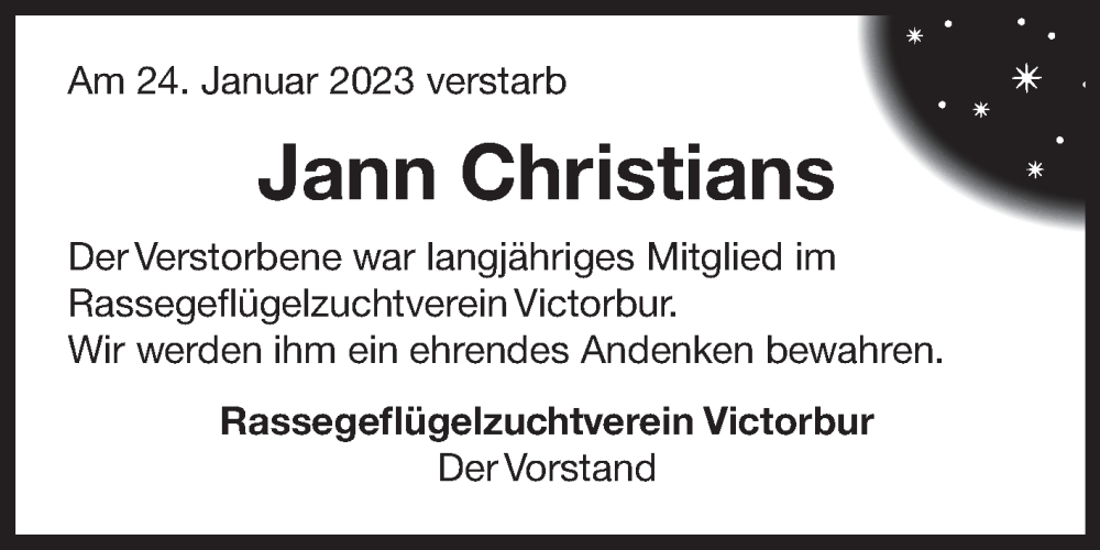  Traueranzeige für Jann Christians vom 27.01.2023 aus 