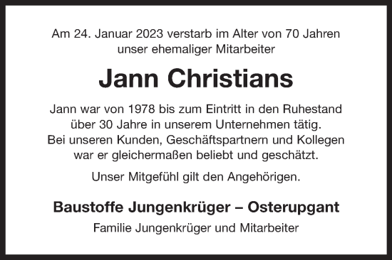 Traueranzeige von Jann Christians 