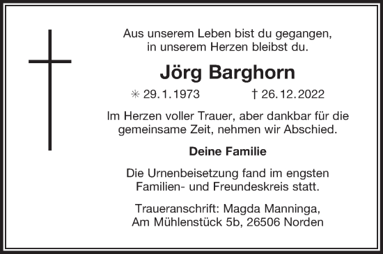 Traueranzeige von Jörg Barghorn 