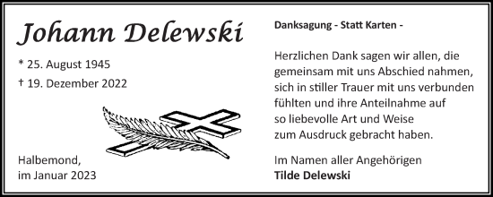Traueranzeige von Johann Delewski 
