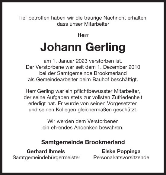 Traueranzeige von Johann Gerling 