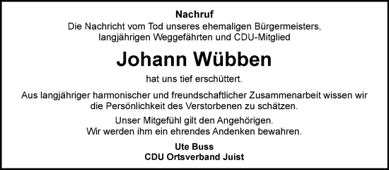 Traueranzeige von Johann Wübben 