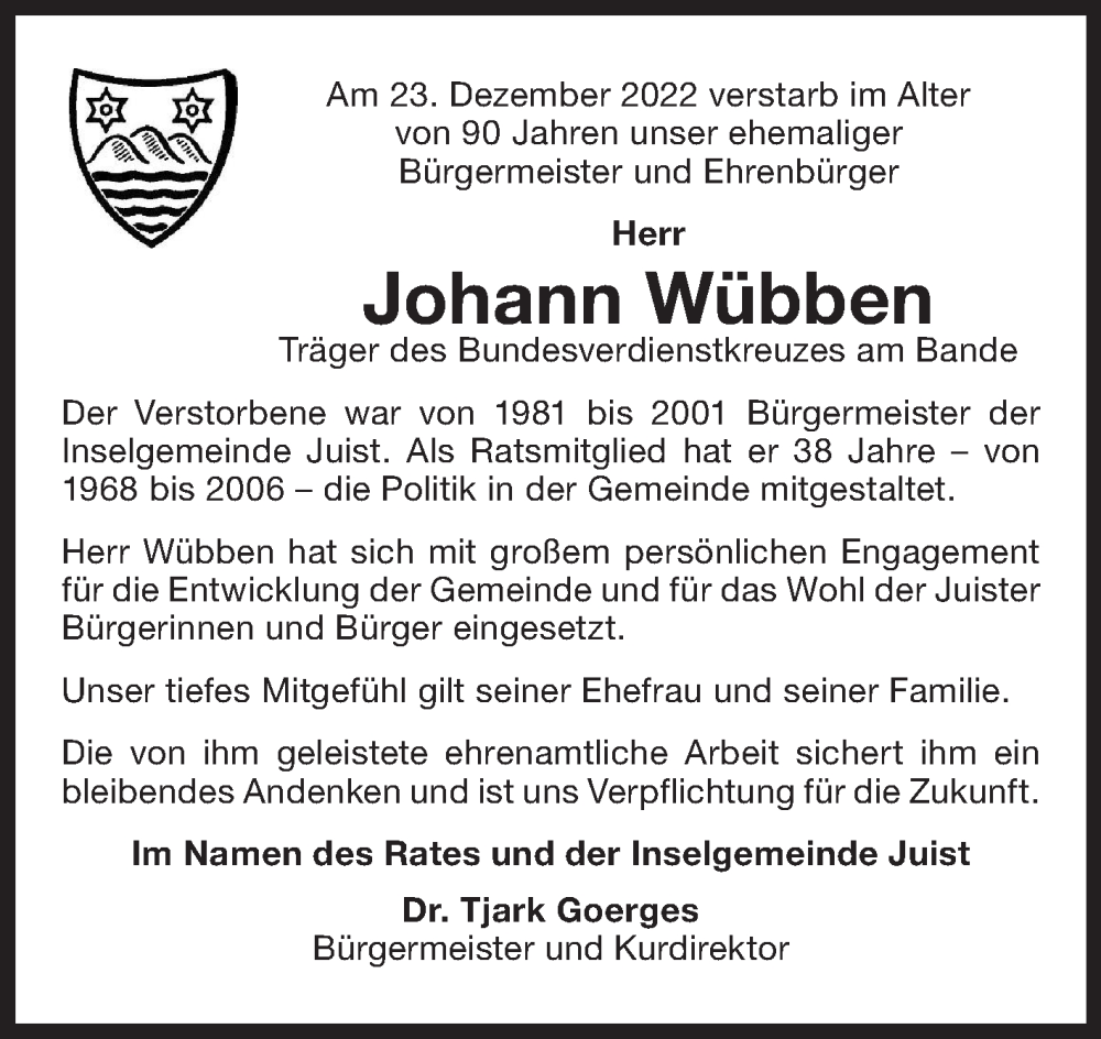  Traueranzeige für Johann Wübben vom 07.01.2023 aus 