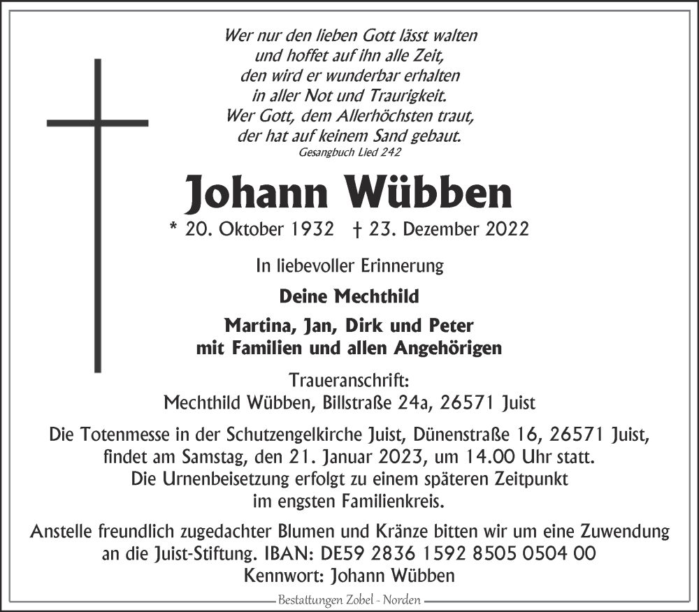  Traueranzeige für Johann Wübben vom 07.01.2023 aus 