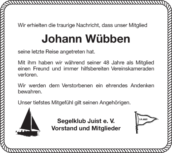Traueranzeige von Johann Wübben 