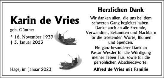 Traueranzeige von Karin de Vries 