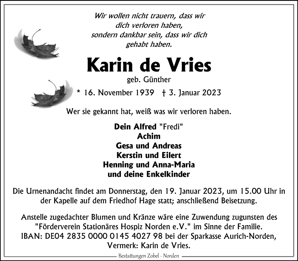  Traueranzeige für Karin de Vries vom 14.01.2023 aus 