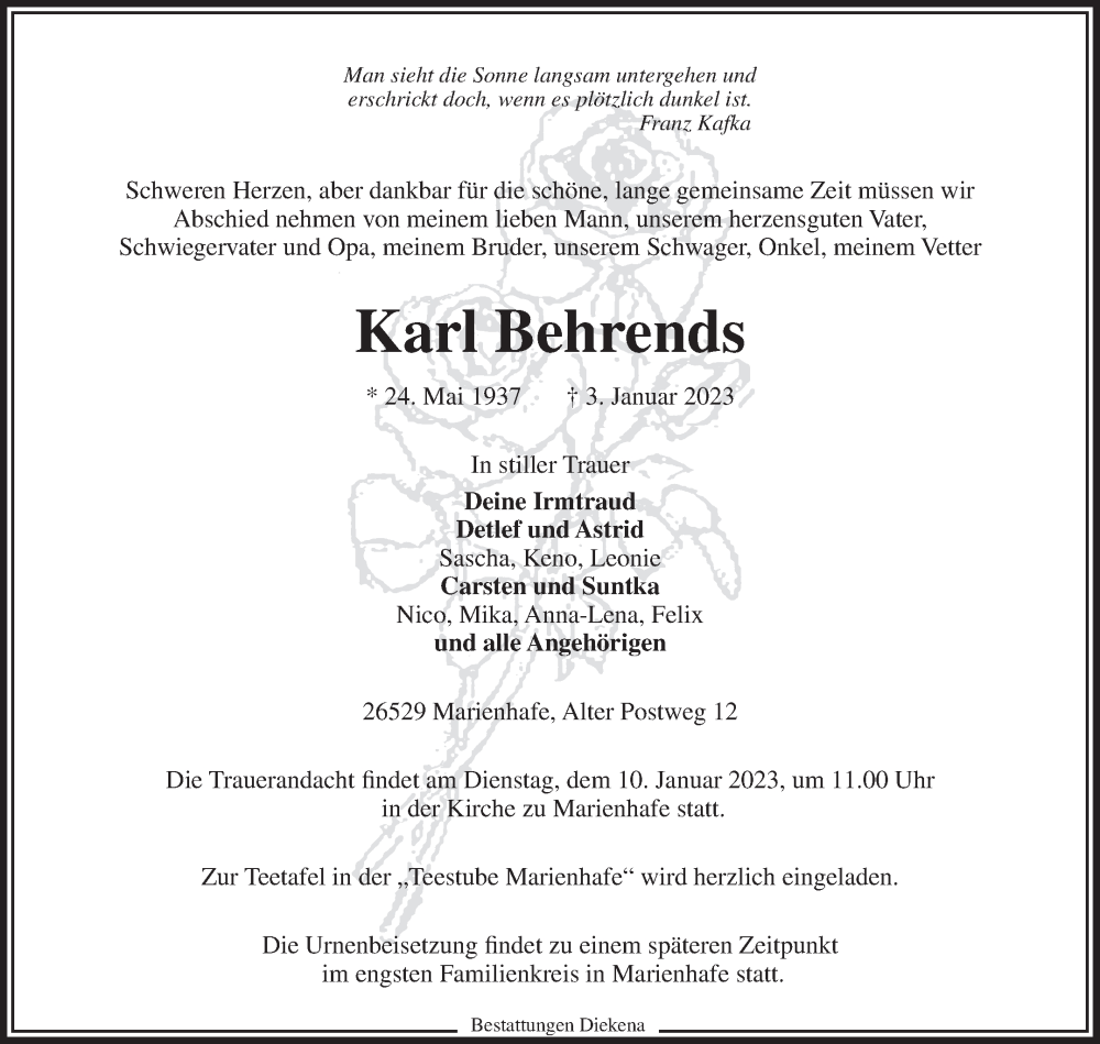  Traueranzeige für Karl Behrends vom 05.01.2023 aus 