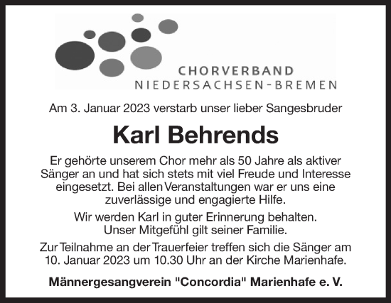 Traueranzeige von Karl Behrends 