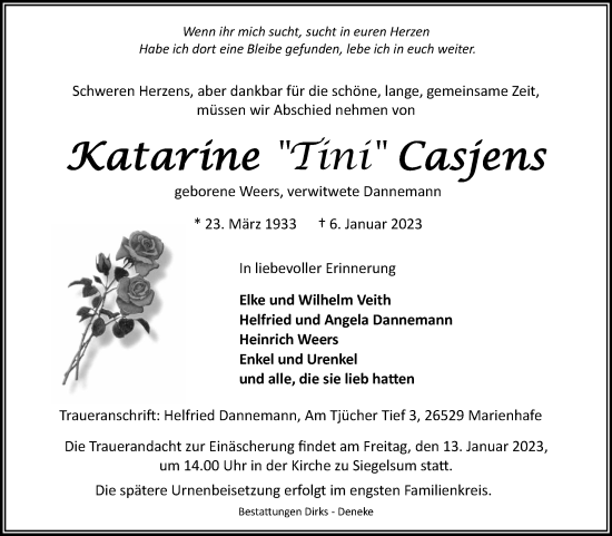 Traueranzeige von Katarine Casjens 