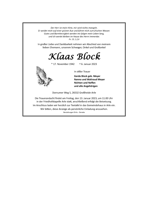 Traueranzeige von Klaas Block 